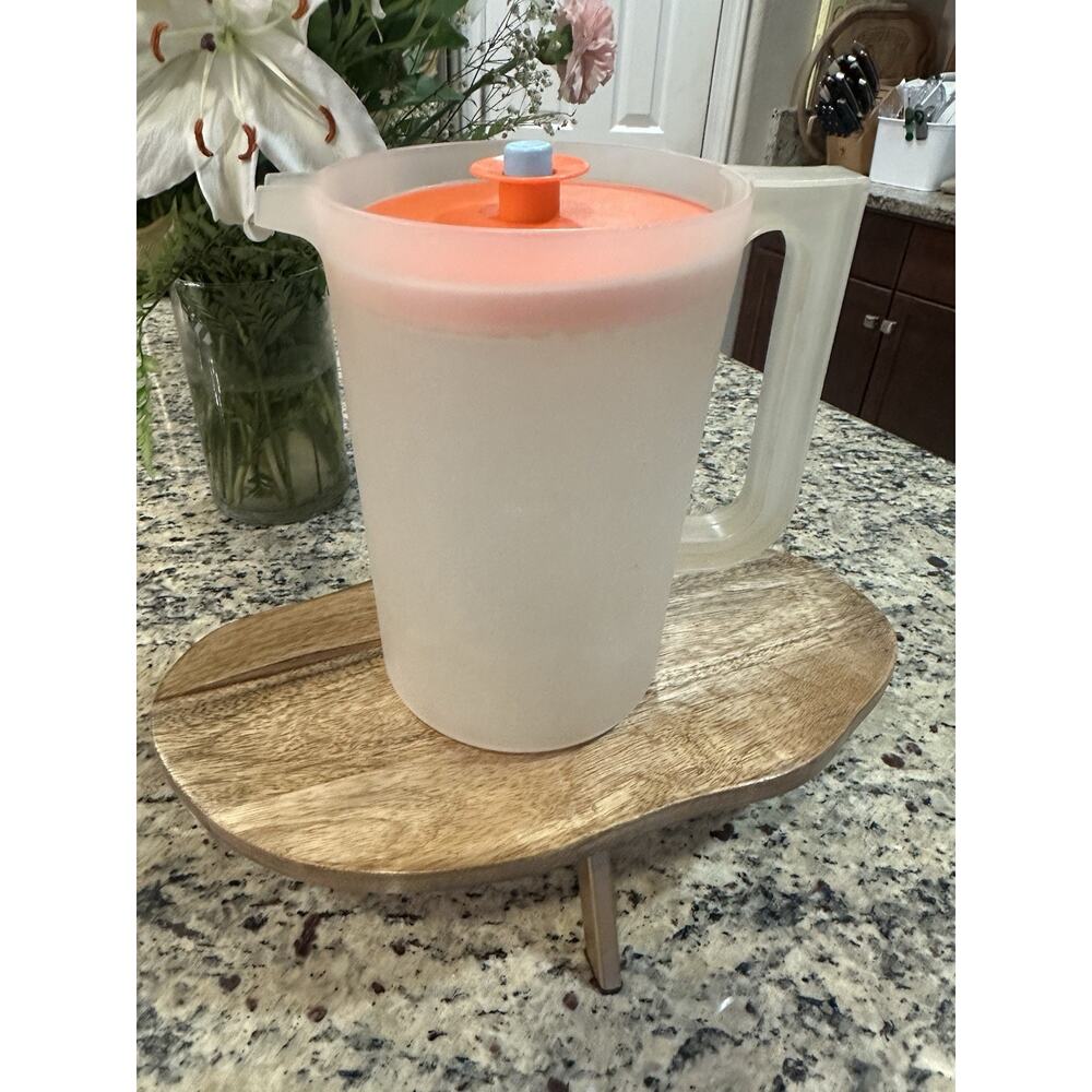 Vintage 2 QT Tupperware Frosted Pitcher w/ Push Button Orange Lid